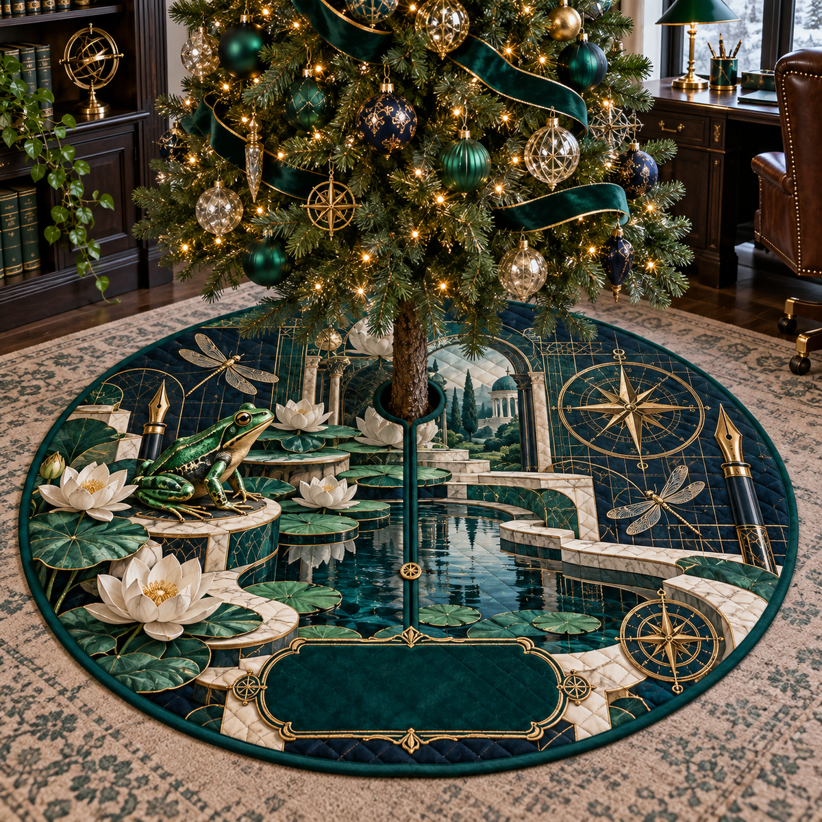 One tree skirt with a focused emerald frog, stepped lily-pad pond, white lotus, fine-line dragonflies, brass compass motifs, fountain-pen nibs, grid arches and a blank deep-teal plaque.