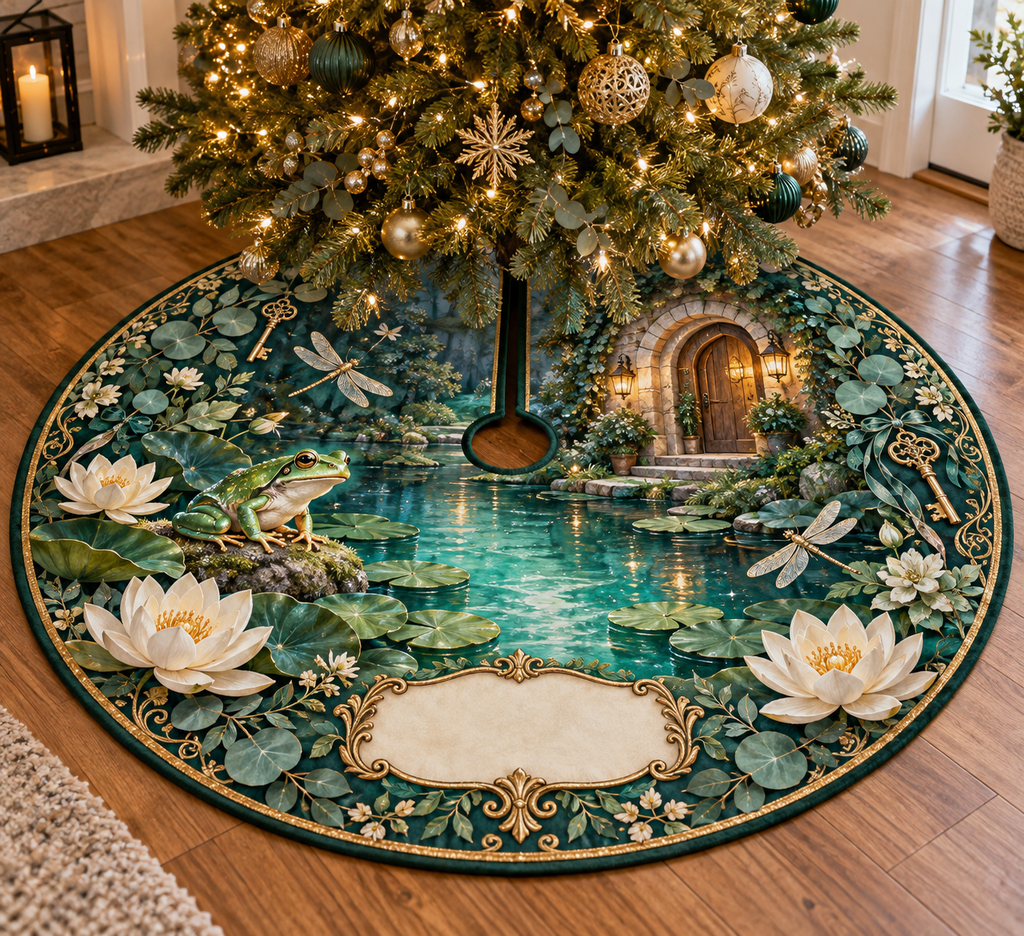 One tree skirt with an emerald frog, turquoise cottage pond, layered lily pads, ivory lotus flowers, dragonflies, brass keys, eucalyptus and a blank cream name plaque.