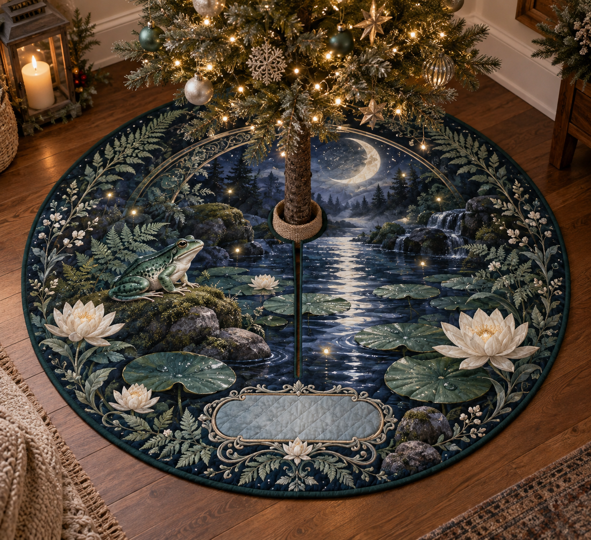 One tree skirt with a jade frog, moonlit indigo pond, lily pads, ivory lotus, fireflies, ferns, crescent arch and a blank mist-blue plaque.