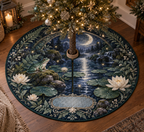 One tree skirt with a jade frog, moonlit indigo pond, lily pads, ivory lotus, fireflies, ferns, crescent arch and a blank mist-blue plaque.