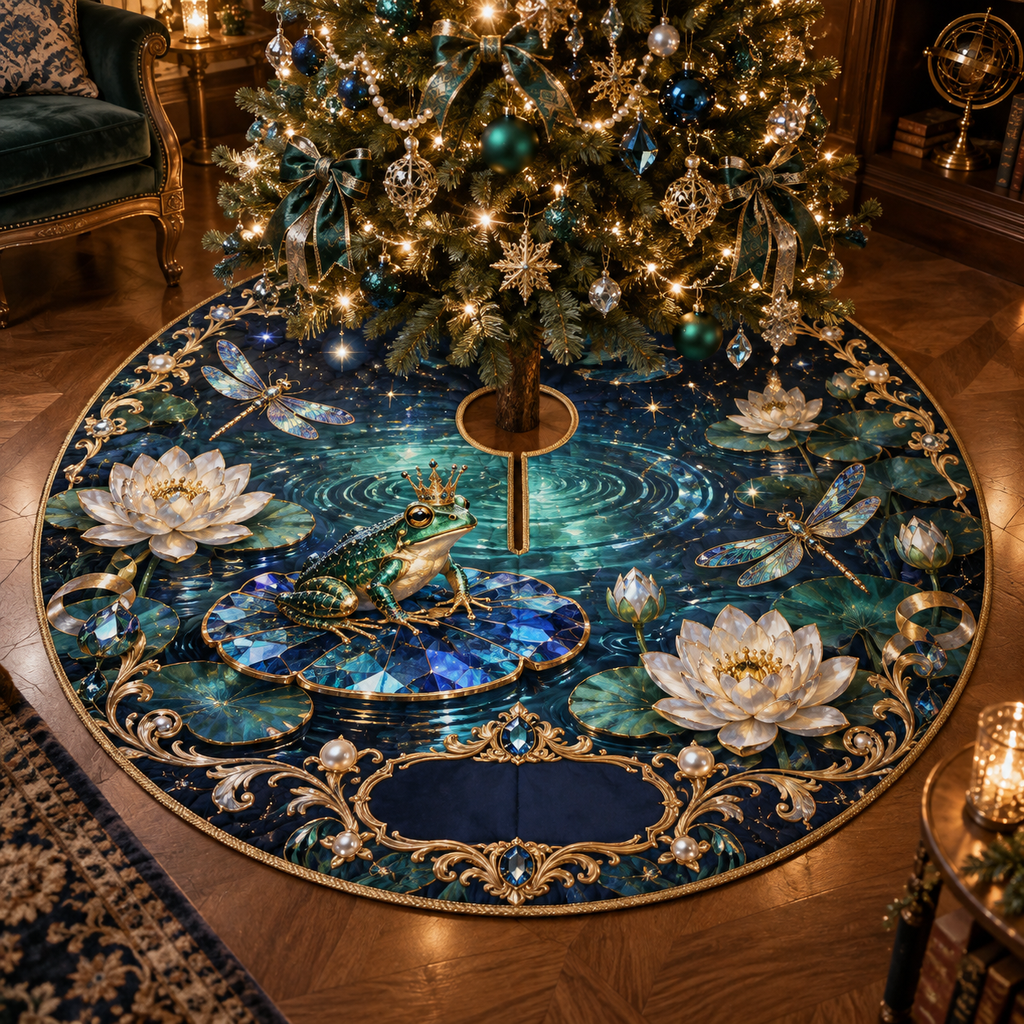 One tree skirt with a crowned emerald frog, faceted sapphire lily pad, luminous teal pond, pearl lotus, jewel dragonflies, gold filigree and a blank midnight-blue plaque.