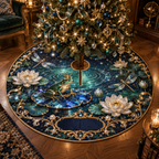 One tree skirt with a crowned emerald frog, faceted sapphire lily pad, luminous teal pond, pearl lotus, jewel dragonflies, gold filigree and a blank midnight-blue plaque.