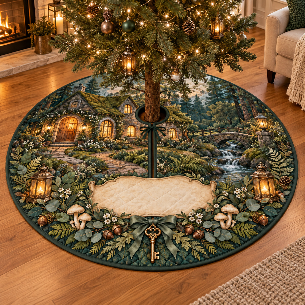 One tree skirt with a welcoming moss-roof cottage, glowing arched doorway, garden path, stream, antique brass house key, eucalyptus and fern wreath, acorns, cream mushrooms, amber lanterns, ribbon and a blank parchment plaque.