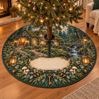 One tree skirt with a welcoming moss-roof cottage, glowing arched doorway, garden path, stream, antique brass house key, eucalyptus and fern wreath, acorns, cream mushrooms, amber lanterns, ribbon and a blank parchment plaque.