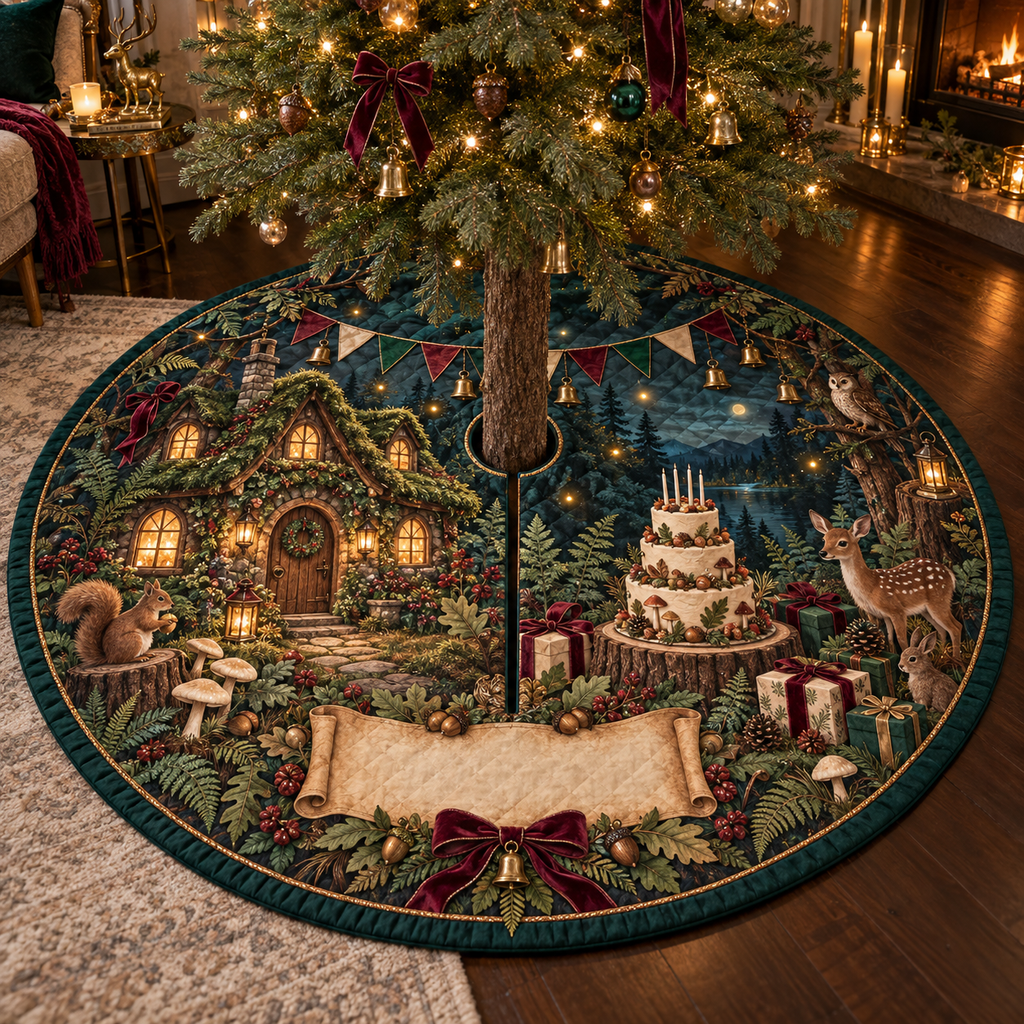 One tree skirt with a jewel-like moss-roof cottage, glowing arched windows, woodland cake without writing, wrapped gifts, velvet ribbons, brass bells, ferns, acorns, cream mushrooms, amber fireflies, plain pennants and a blank parchment plaque.