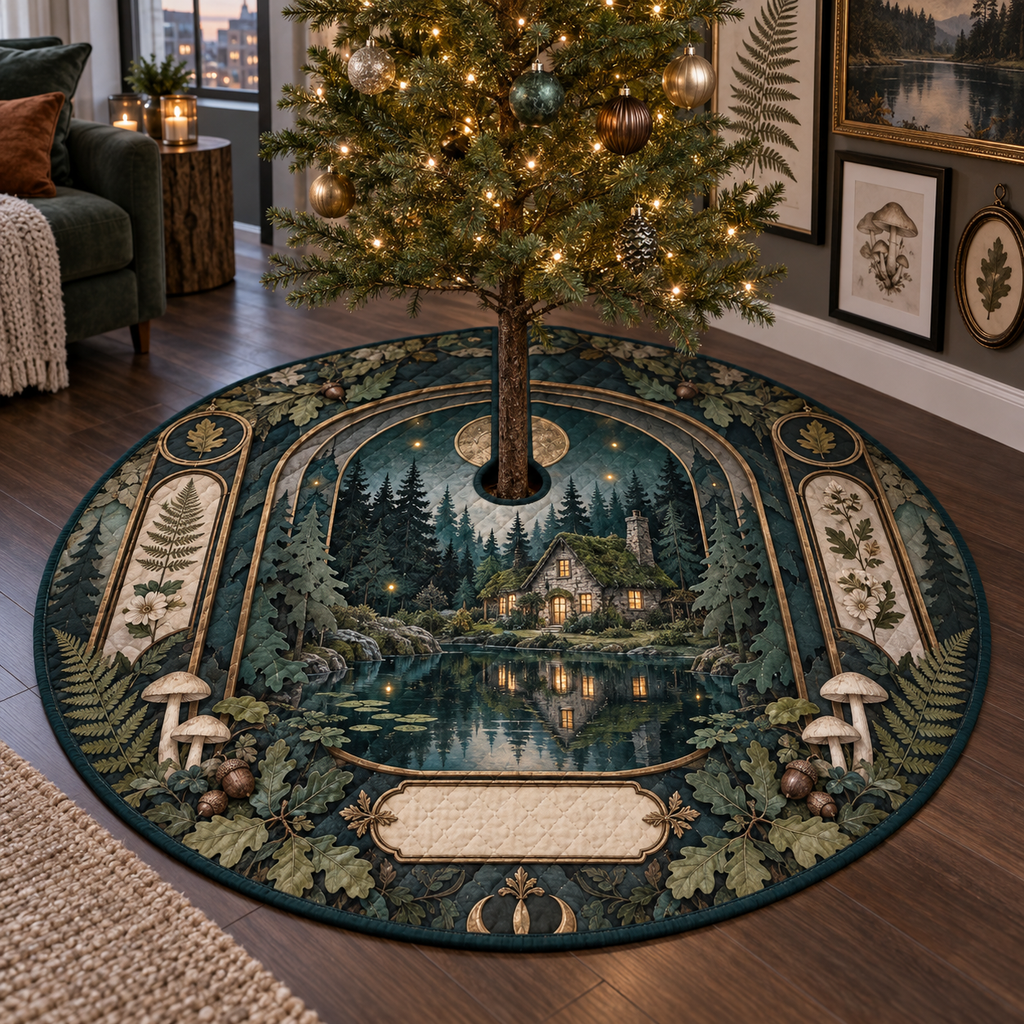 One tree skirt with a moss-roof cottage reflected in a dark teal pond, geometric brass arch, layered paper-cut forest, antique botanical specimens, ferns, acorns, cream mushrooms, amber fireflies and a blank parchment plaque.