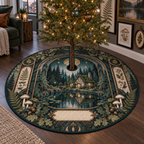 One tree skirt with a moss-roof cottage reflected in a dark teal pond, geometric brass arch, layered paper-cut forest, antique botanical specimens, ferns, acorns, cream mushrooms, amber fireflies and a blank parchment plaque.