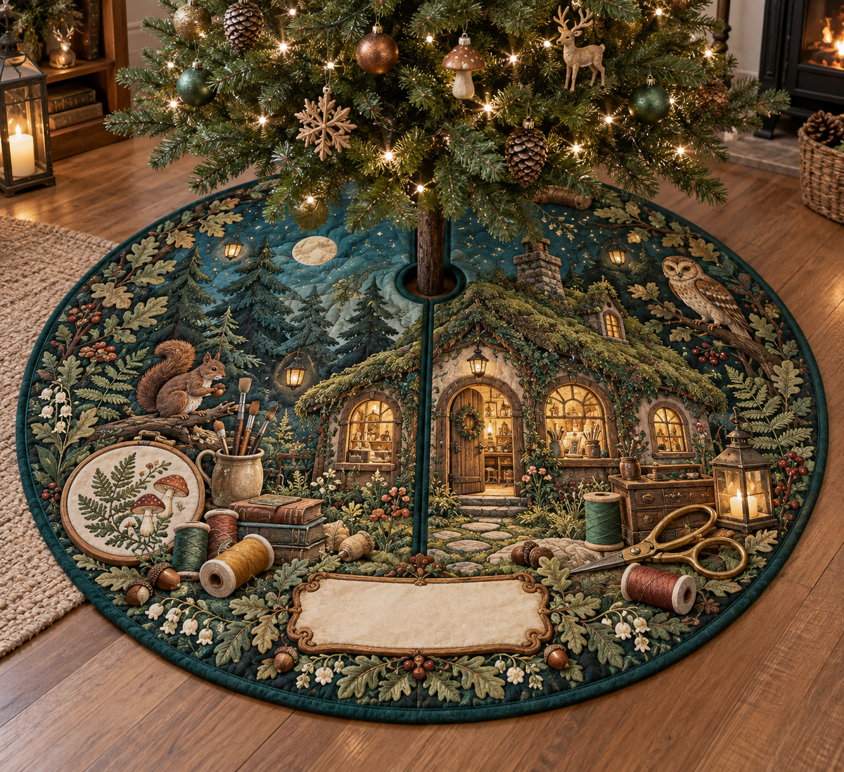 One tree skirt with a glowing moss-roof cottage atelier, layered forest, embroidery hoops, thread spools, brass scissors, paintbrushes, ferns, mushrooms, acorns, amber fireflies and a blank parchment plaque.