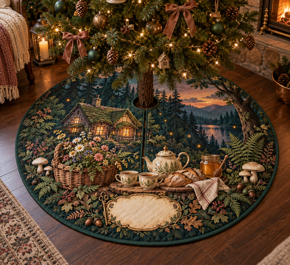 One tree skirt with a glowing moss-roof cottage, layered forest, wildflower basket, teapot and two cups, artisan bread, honey jar without a label, folded linen, brass key, ferns, mushrooms, acorns, amber fireflies and a blank parchment plaque.