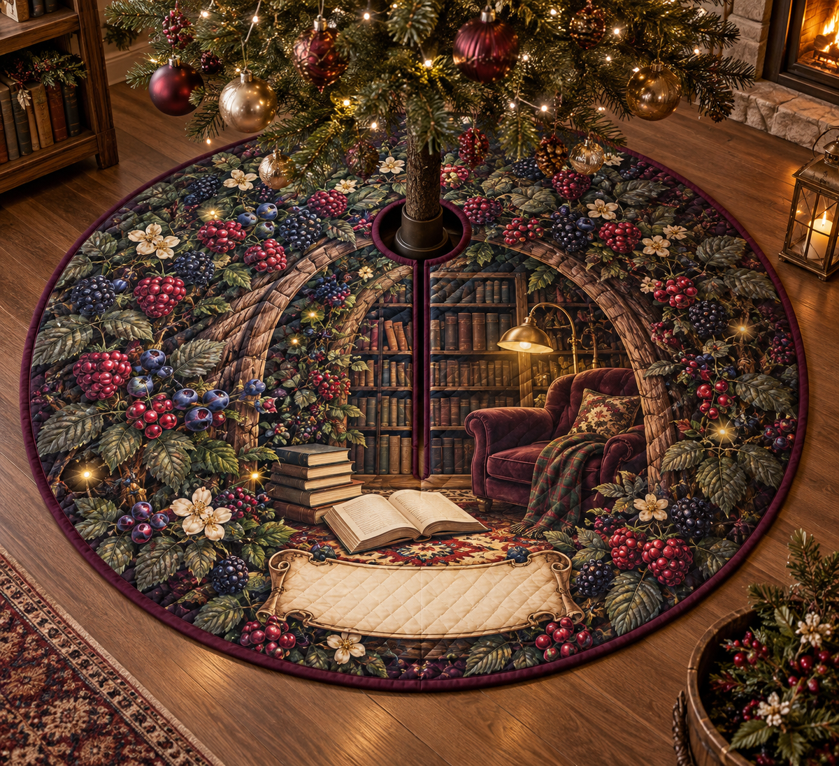 One tree skirt with an arched reading alcove, plum velvet armchair, brass lamp, blank books, amber fireflies, blackberry, raspberry, blueberry and red-currant brambles, cream blossoms and a blank parchment plaque.