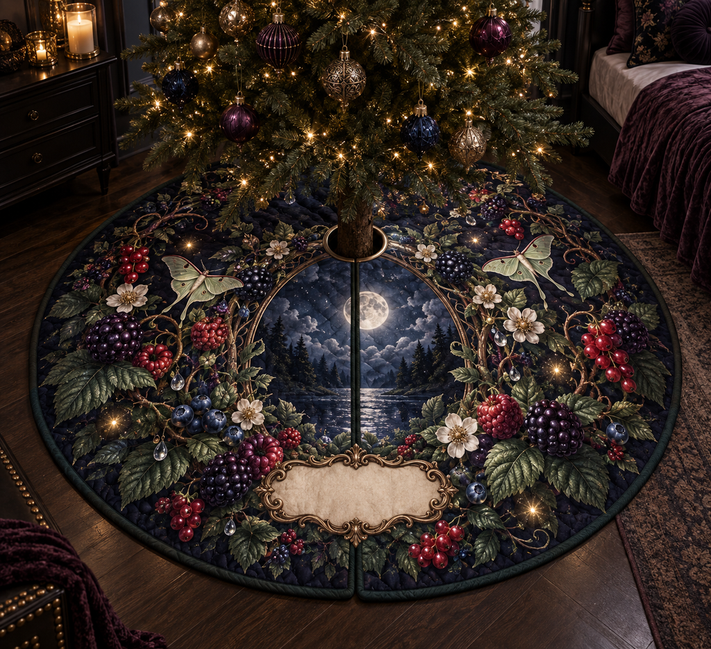 One tree skirt with a luminous moonlit oval window framed by blackberry, raspberry, blueberry and red-currant brambles, deep leaves, cream blossoms, luna moths, faceted dew, amber fireflies and a blank parchment plaque.