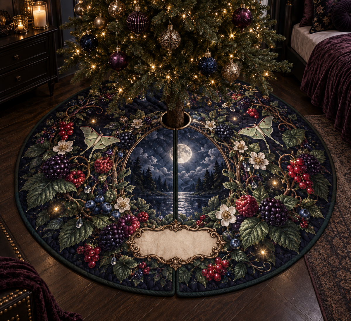 One tree skirt with a luminous moonlit oval window framed by blackberry, raspberry, blueberry and red-currant brambles, deep leaves, cream blossoms, luna moths, faceted dew, amber fireflies and a blank parchment plaque.