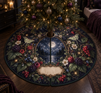 One tree skirt with a luminous moonlit oval window framed by blackberry, raspberry, blueberry and red-currant brambles, deep leaves, cream blossoms, luna moths, faceted dew, amber fireflies and a blank parchment plaque.