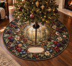 One tree skirt with a grand circular antique-brass trellis medallion, sunlit conservatory window, blackberry, raspberry, blueberry and red-currant brambles, two songbirds, cream blossoms, faceted dew and a blank parchment plaque.