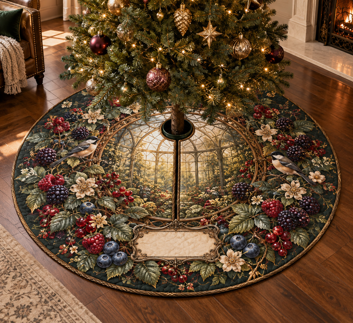 One tree skirt with a grand circular antique-brass trellis medallion, sunlit conservatory window, blackberry, raspberry, blueberry and red-currant brambles, two songbirds, cream blossoms, faceted dew and a blank parchment plaque.
