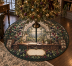 One tree skirt with an elegant walnut garden studio desk beneath an arched window, symmetrical blackberry, raspberry, blueberry and currant trellises, brass lamp, blank notebook, fountain pen, unlabeled drawers, cream blossoms, amber fireflies and a blank parchment plaque.
