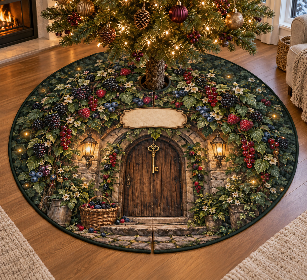 One tree skirt with an arched cottage front door beneath blackberry, raspberry, blueberry and red-currant vines, jewel-like berries, deep leaves, cream blossoms, warm twin lanterns, antique brass key, berry basket, amber fireflies and a blank parchment plaque.