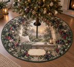 One tree skirt with a serene arched window seat overlooking a misty berry garden, linen cushion, folded knit throw, ceramic tea cup, slender candle lantern, blackberry, raspberry, blueberry and red-currant brambles, jewel-like berries, sage leaves, cream blossoms, dew drops, amber fireflies and a blank parchment plaque.