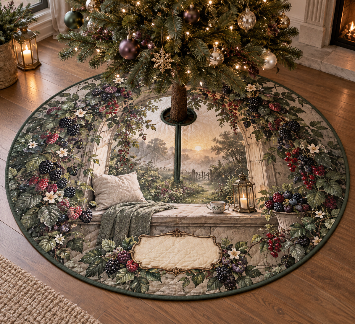 One tree skirt with a serene arched window seat overlooking a misty berry garden, linen cushion, folded knit throw, ceramic tea cup, slender candle lantern, blackberry, raspberry, blueberry and red-currant brambles, jewel-like berries, sage leaves, cream blossoms, dew drops, amber fireflies and a blank parchment plaque.
