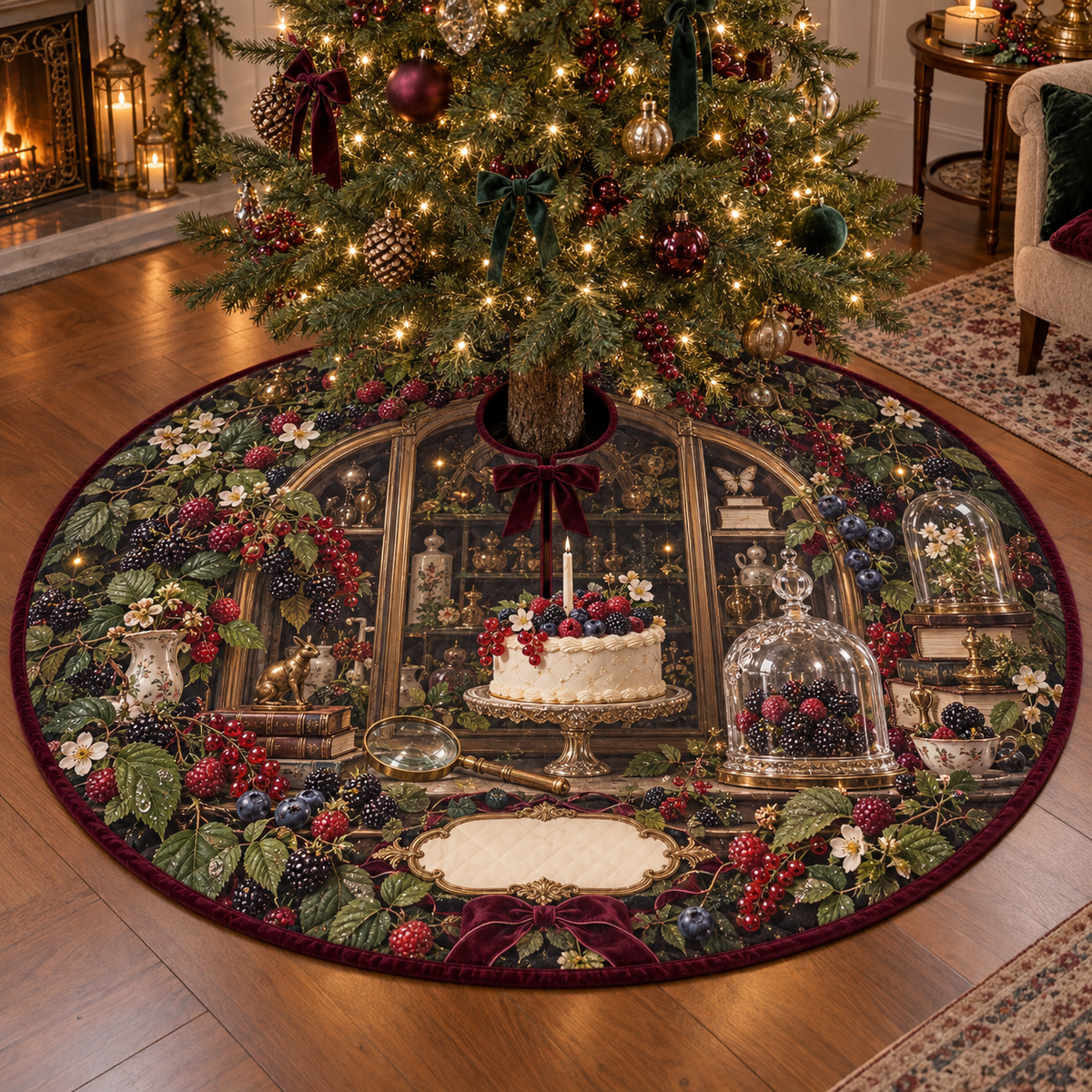 One tree skirt with an ornate arched curiosity cabinet, cascading blackberry, raspberry, blueberry and red-currant brambles, jewel-like berries, cream blossoms, a numberless berry cake, crystal cloche, antique brass magnifying glass, velvet ribbon, amber fireflies and a blank ivory plaque.