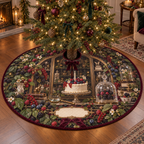 One tree skirt with an ornate arched curiosity cabinet, cascading blackberry, raspberry, blueberry and red-currant brambles, jewel-like berries, cream blossoms, a numberless berry cake, crystal cloche, antique brass magnifying glass, velvet ribbon, amber fireflies and a blank ivory plaque.