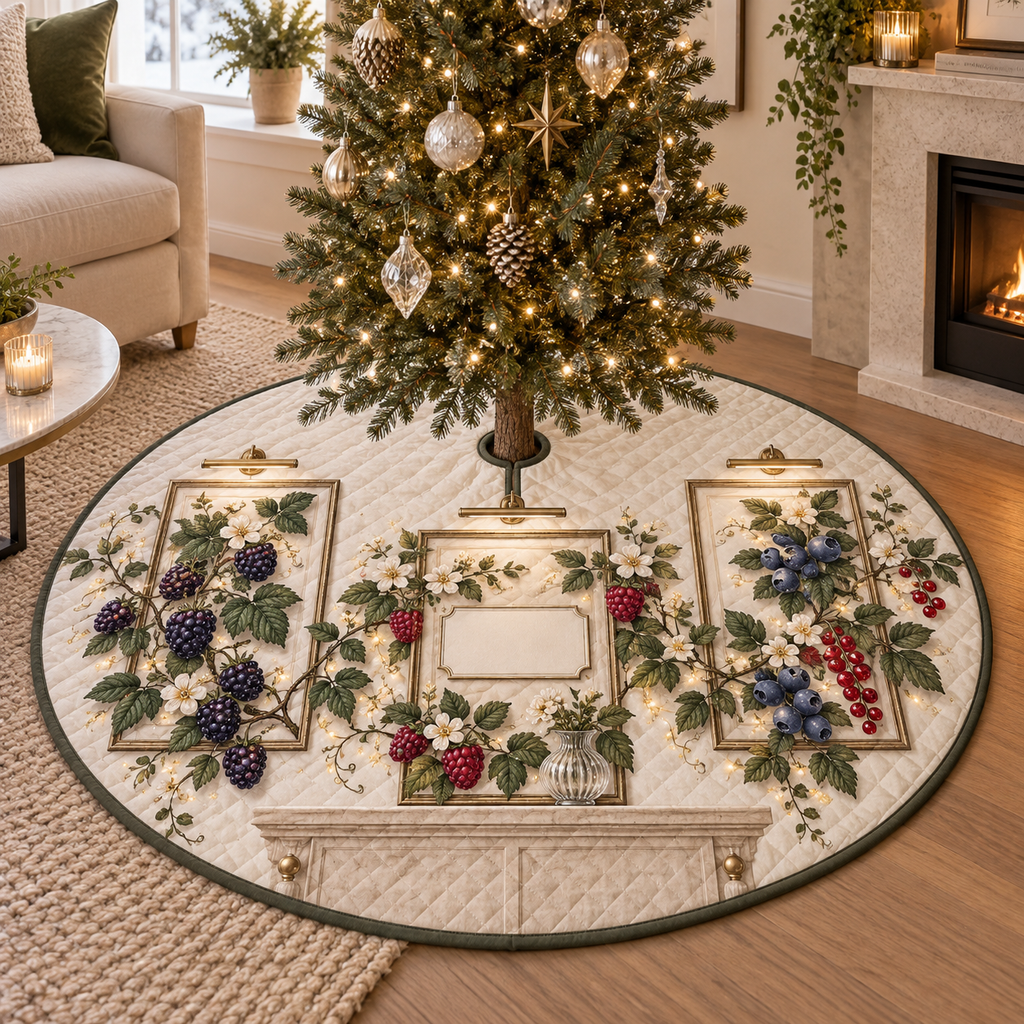 One tree skirt with a coordinated trio of slim antique-brass botanical frames, flowing blackberry, raspberry, blueberry and red-currant brambles, jewel-like berries, sage leaves, cream blossoms, glass vase, warm picture lights, amber fireflies and a blank ivory plaque.