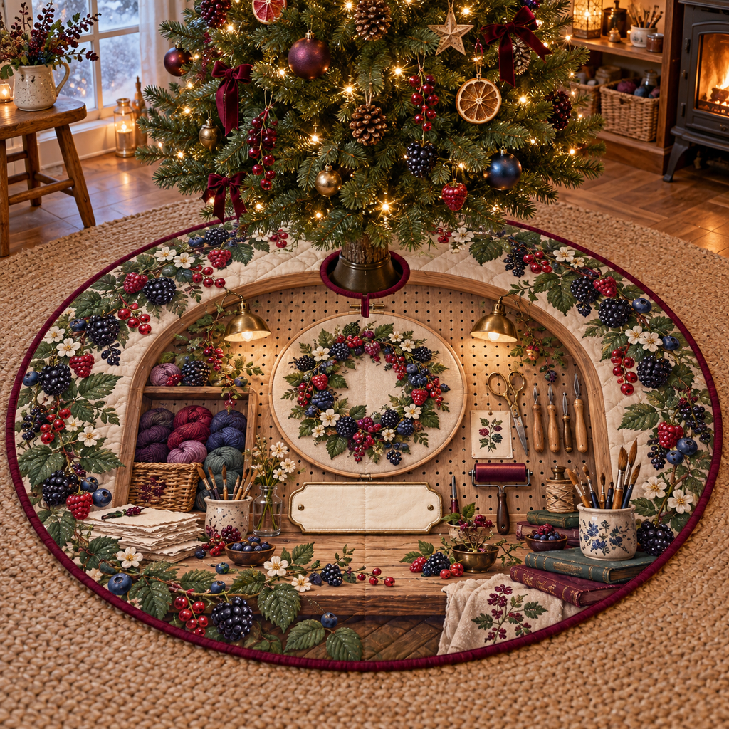 One tree skirt with an arched craft pegboard alcove, berry-dyed yarn, a berry-wreath embroidery hoop, printmaking brayer, carving tools, brushes, brass scissors, handmade paper, blackberry, raspberry, blueberry and red-currant brambles, amber lights and a blank ivory studio plaque.