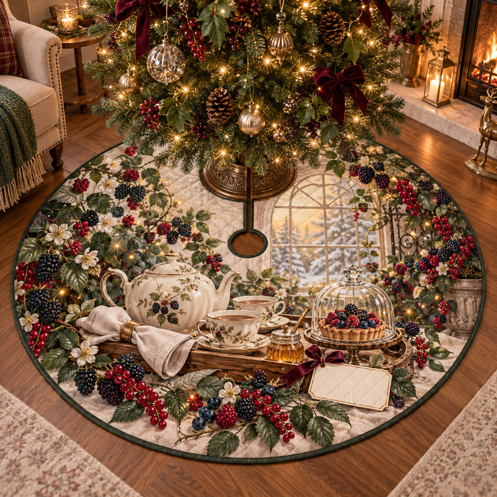 One tree skirt with a softly glowing arched garden window, ivory teapot and two cups on a walnut tray, berry tart under a glass cloche, folded linen napkin, honey jar, blackberry, raspberry, blueberry and red-currant brambles, amber fireflies and a blank ivory plaque.