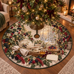 One tree skirt with a softly glowing arched garden window, ivory teapot and two cups on a walnut tray, berry tart under a glass cloche, folded linen napkin, honey jar, blackberry, raspberry, blueberry and red-currant brambles, amber fireflies and a blank ivory plaque.