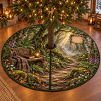 One tree skirt with a mossy woodland trail beneath arched beech and birch trees, a carved reading bench, closed leather-bound book, folded wool throw, antique brass lantern, ferns, mushrooms, foxgloves, acorns, mist, golden sunbeams, amber fireflies and a blank parchment plaque.