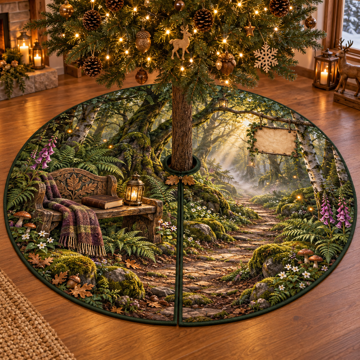 One tree skirt with a mossy woodland trail beneath arched beech and birch trees, a carved reading bench, closed leather-bound book, folded wool throw, antique brass lantern, ferns, mushrooms, foxgloves, acorns, mist, golden sunbeams, amber fireflies and a blank parchment plaque.