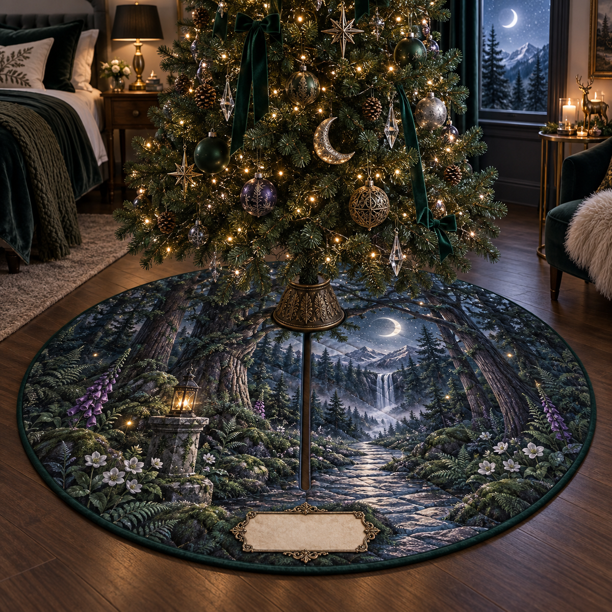 One tree skirt with a moonlit woodland avenue framed by towering cedar trunks and intertwined branches, a winding path toward a silver waterfall and misty mountain ridge, ferns, moss, white flowers, foxgloves, dew, an antique brass lantern, crescent moon, fireflies and a blank parchment plaque.