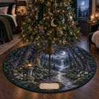 One tree skirt with a moonlit woodland avenue framed by towering cedar trunks and intertwined branches, a winding path toward a silver waterfall and misty mountain ridge, ferns, moss, white flowers, foxgloves, dew, an antique brass lantern, crescent moon, fireflies and a blank parchment plaque.