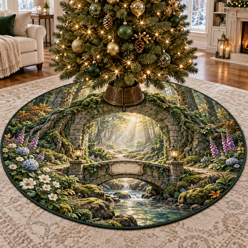 One tree skirt with a monumental moss-covered stone arch entwined with roots, a sweeping path crossing an arched stone bridge over a clear woodland stream, a radiant fern glade, hydrangea, anemones, foxgloves, golden light, two antique brass lanterns and a blank parchment plaque.