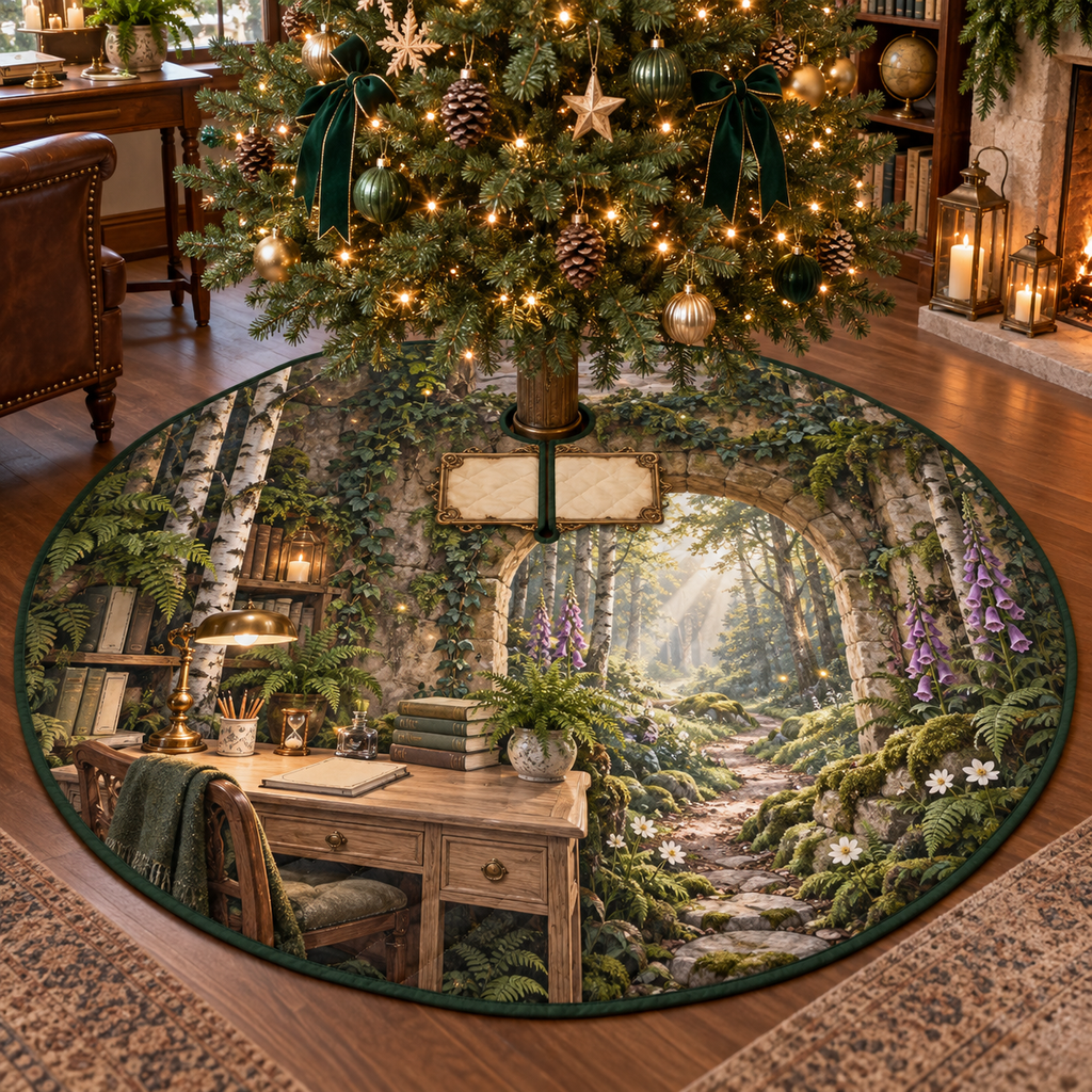 One tree skirt with a woodland study pavilion inside a mossy stone arch, a pale-oak writing desk, antique brass lamp, fern, blank books, white anemones, purple foxgloves, golden sunbeams, soft mist, fireflies, a winding forest path and a blank parchment name plaque.