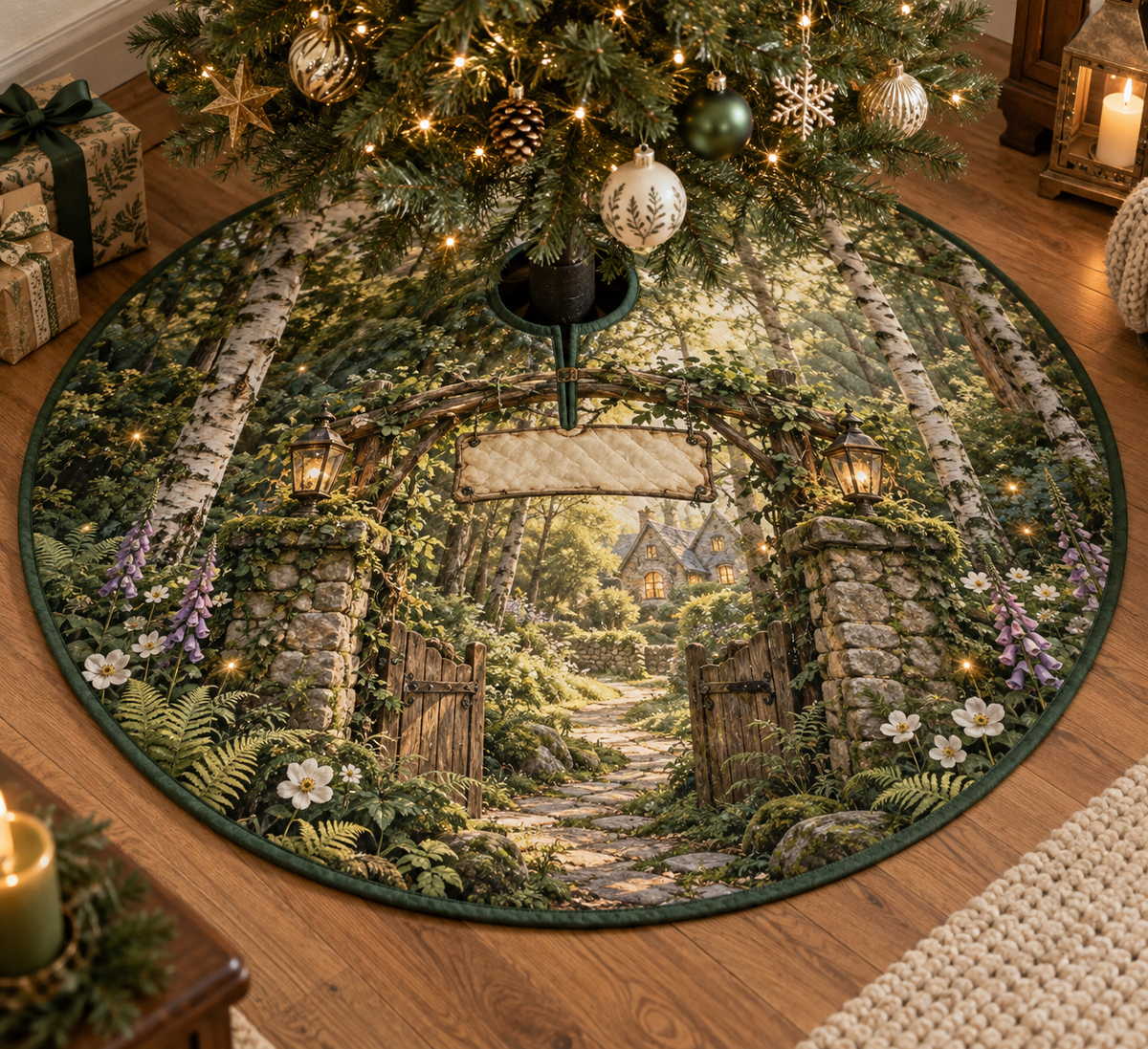 One tree skirt with a welcoming woodland cottage gate formed by mossy stone pillars and a timber pergola, a winding sunlit forest path leading toward a warm distant home, ferns, birch trees, white anemones, violet foxgloves, amber fireflies, two brass lanterns and a blank parchment name plaque.