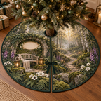 One tree skirt with a secluded woodland resting alcove framed by a mossy stone arch, a pale-oak bench with a folded linen throw, a winding path between birch trees, layered ferns, mossy boulders, white anemones, violet foxgloves, two brass lanterns, golden light and a blank parchment name plaque.