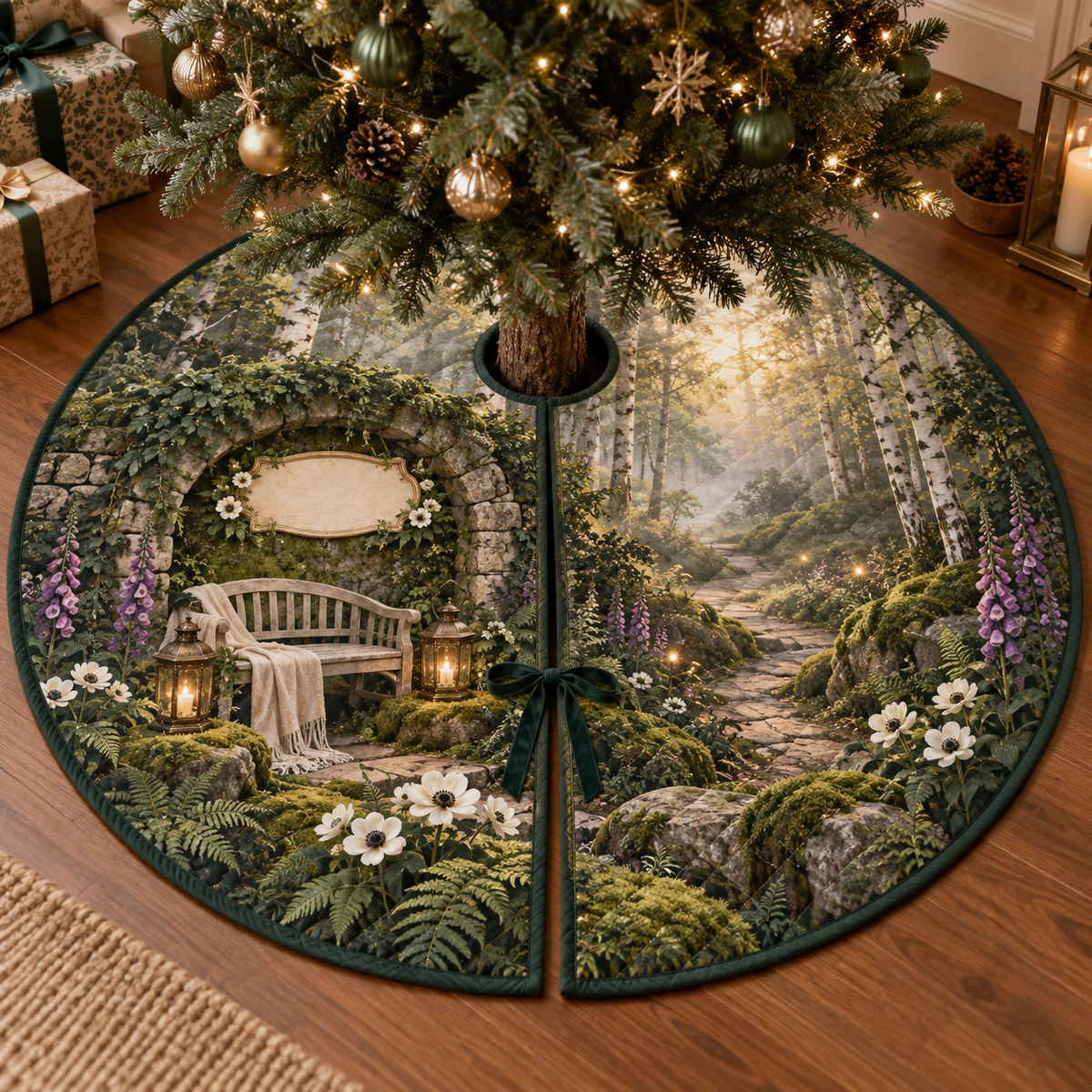 One tree skirt with a secluded woodland resting alcove framed by a mossy stone arch, a pale-oak bench with a folded linen throw, a winding path between birch trees, layered ferns, mossy boulders, white anemones, violet foxgloves, two brass lanterns, golden light and a blank parchment name plaque.
