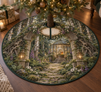 One tree skirt with a grand enchanted woodland path framed by an ornate mossy stone arch and sculptural roots, a glass garden pavilion displaying an antique brass compass and faceted amber keepsake beneath a cloche, birch trees, ferns, anemones, foxgloves, lanterns and a blank parchment medallion.