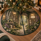 One tree skirt with a winding sunlit forest path through a mossy stone gallery arcade, curated antique-gold botanical frames, pressed-flower shadow boxes, birch trees, ferns, anemones, foxgloves, a slim pale-oak console, brass picture lights and a blank parchment name plaque.