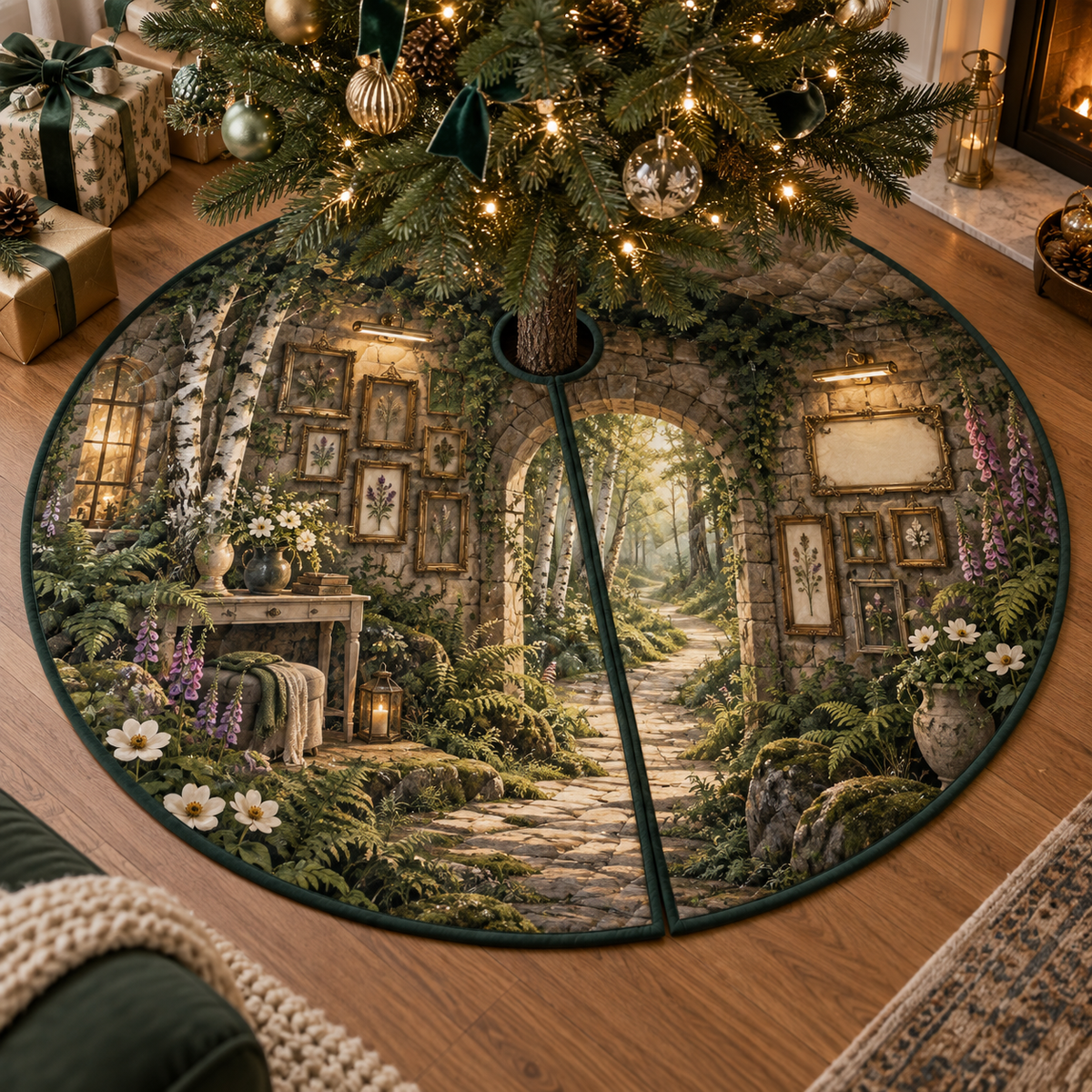 One tree skirt with a winding sunlit forest path through a mossy stone gallery arcade, curated antique-gold botanical frames, pressed-flower shadow boxes, birch trees, ferns, anemones, foxgloves, a slim pale-oak console, brass picture lights and a blank parchment name plaque.