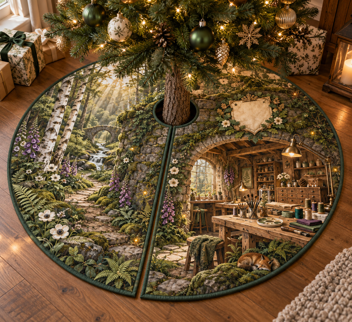 One tree skirt with a creative woodland studio pavilion built into a mossy stone arch beside a winding forest path, a pale-oak workbench, organized paintbrushes, thread spools, carving tools, folded fabric, specimen drawers, birch trees, ferns, anemones, foxgloves, brass task lamps and a blank parchment crest.