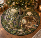One tree skirt with a creative woodland studio pavilion built into a mossy stone arch beside a winding forest path, a pale-oak workbench, organized paintbrushes, thread spools, carving tools, folded fabric, specimen drawers, birch trees, ferns, anemones, foxgloves, brass task lamps and a blank parchment crest.