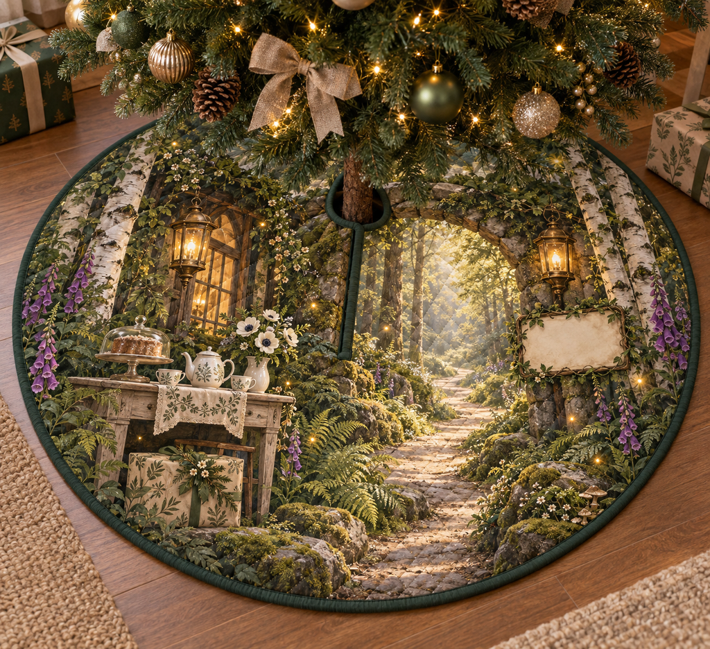 One tree skirt with a gracious woodland welcome pavilion beside a winding sunlit path, a mossy stone arch, birch trees, pale-oak console, covered cake stand, ceramic teapot and cups, white anemones, botanical gift box, ferns, foxgloves, brass lanterns and a blank parchment name plaque.