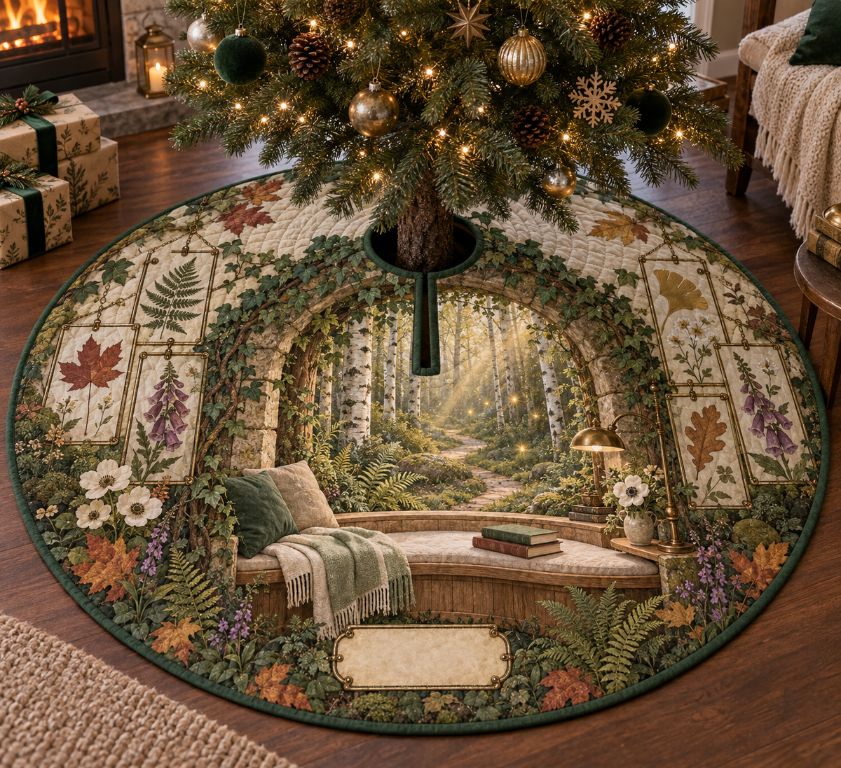 One tree skirt with a cozy woodland reading alcove, mossy stone arch, pale-oak window seat, closed blank-cover books, birch trees, winding path, pressed fern, maple, oak and ginkgo leaf panels, white anemones, violet foxgloves, brass reading lamp, amber fireflies and a blank parchment name plaque.