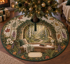 One tree skirt with a cozy woodland reading alcove, mossy stone arch, pale-oak window seat, closed blank-cover books, birch trees, winding path, pressed fern, maple, oak and ginkgo leaf panels, white anemones, violet foxgloves, brass reading lamp, amber fireflies and a blank parchment name plaque.