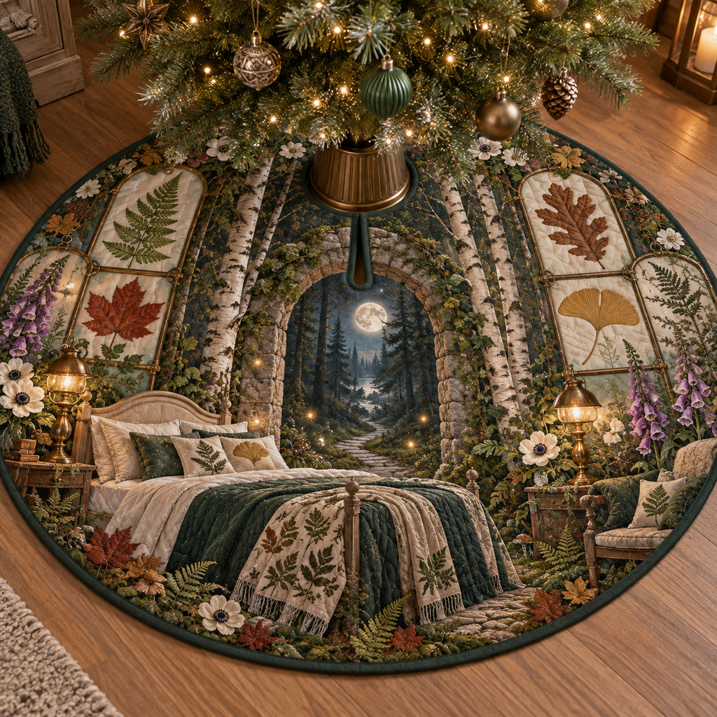 One tree skirt with a dramatic moonlit woodland bedroom, mossy stone arch, birch trunks, forest path, pressed fern, maple, oak and ginkgo leaves, white anemones, violet foxgloves, antique brass lamps, amber fireflies and a blank parchment name plaque.