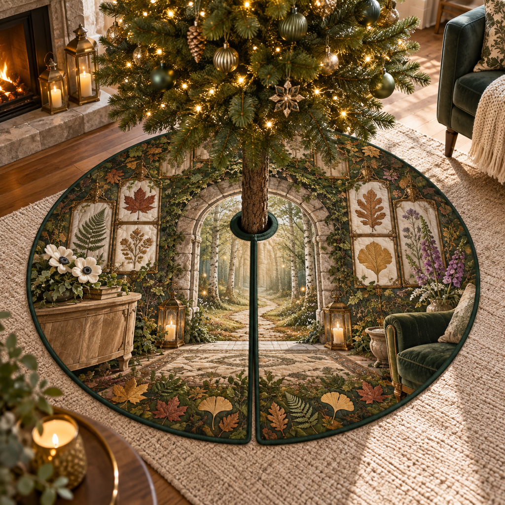 One tree skirt with a grand enchanted living room, mossy stone arch, birch trunks, luminous forest path, pressed fern, maple, oak and ginkgo leaves, white anemones, violet foxgloves, antique brass lanterns, amber fireflies and a blank parchment name plaque.