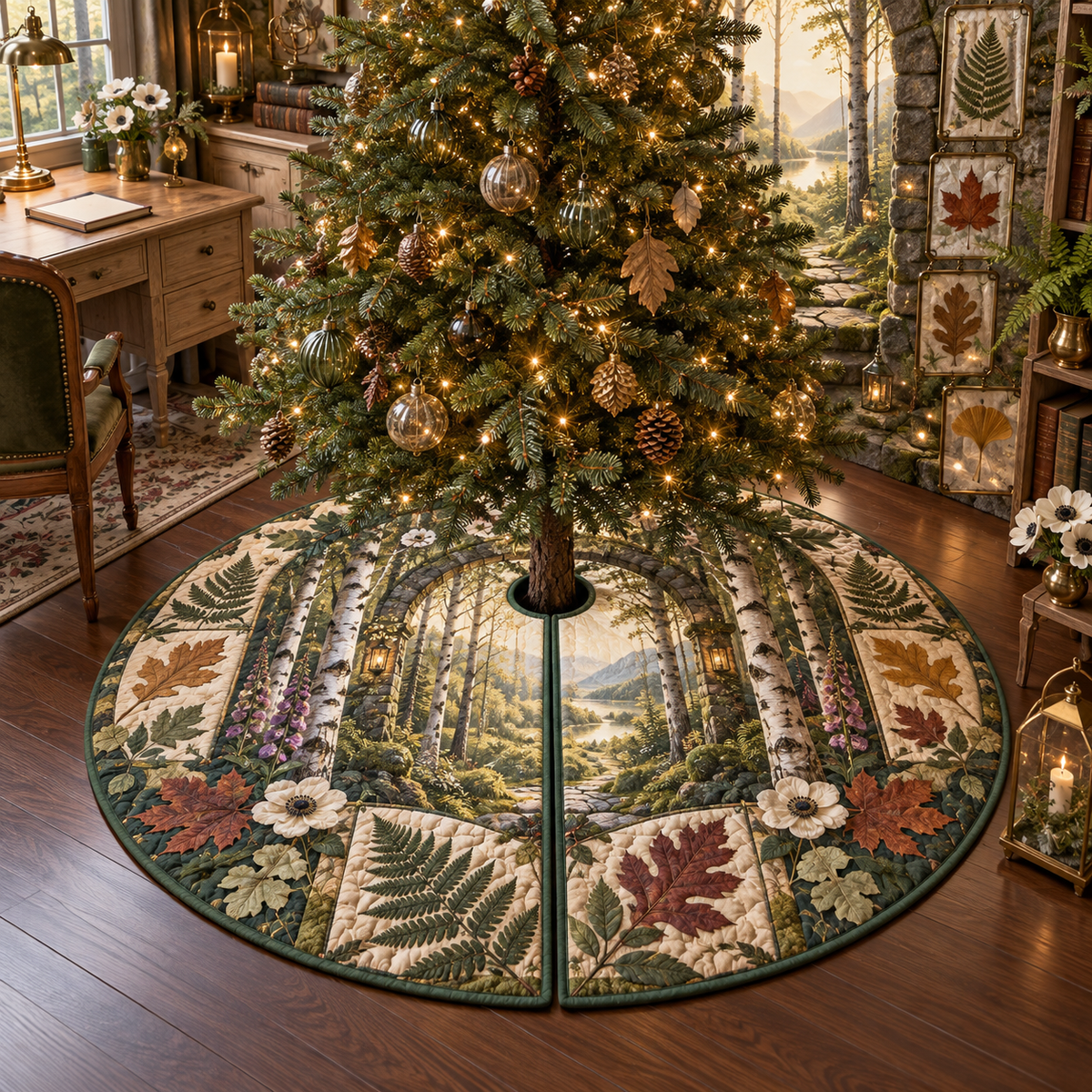 One tree skirt with an elegant woodland home office, mossy stone arch, birch trunks, pale-oak writing desk, brass desk lamp, luminous forest path, pressed fern, maple, oak and ginkgo leaves, white anemones, violet foxgloves and a blank parchment name plaque.
