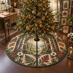 One tree skirt with an elegant woodland home office, mossy stone arch, birch trunks, pale-oak writing desk, brass desk lamp, luminous forest path, pressed fern, maple, oak and ginkgo leaves, white anemones, violet foxgloves and a blank parchment name plaque.